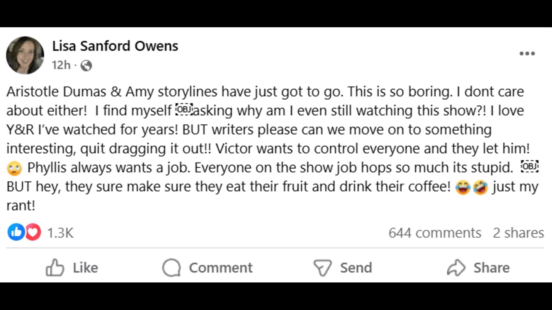 A Facebook post about the characters and storyline (Image via Facebook/The Young and the Restless)